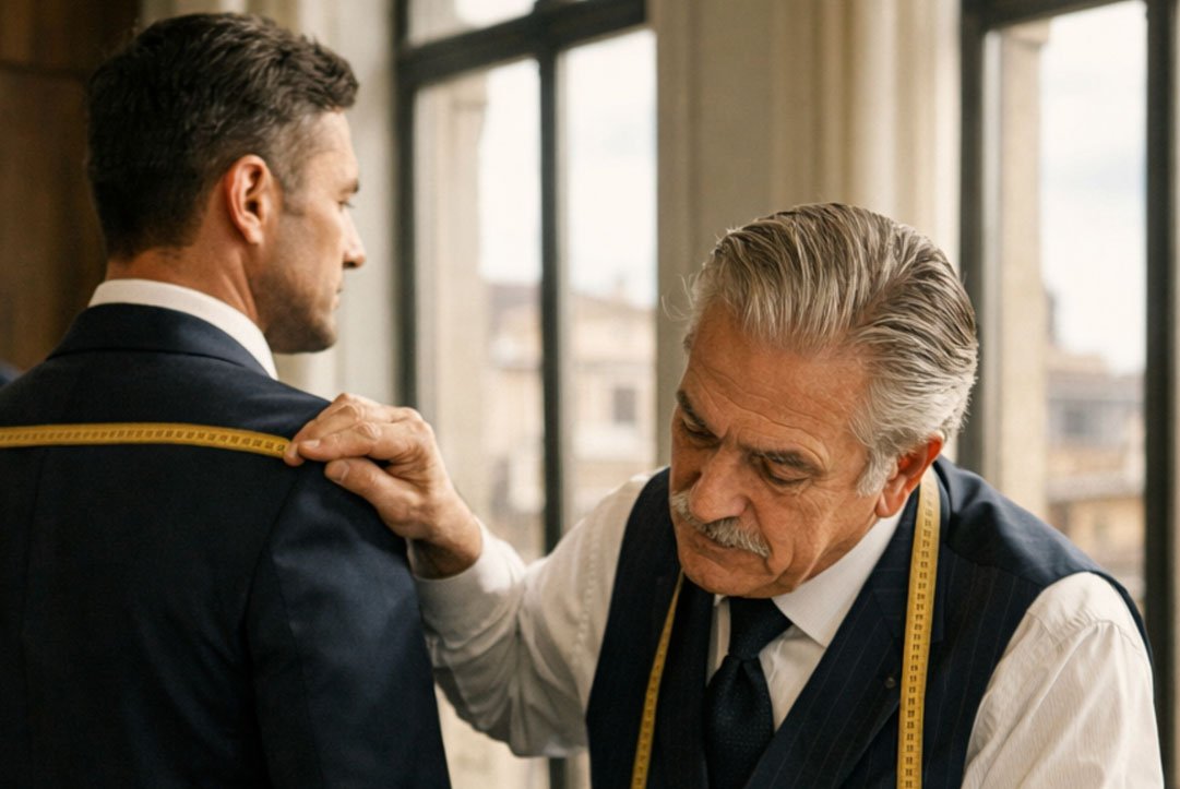 Master tailor taking precise body measurements for a made-to-measure executive suit – custom pattern drafting for perfect shoulder and chest fit at DELETTO